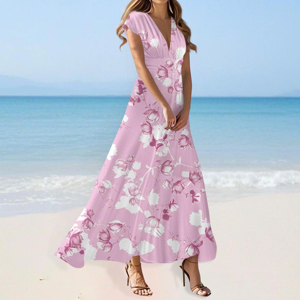 Boho Dress For Women Casual Loose Fit Summer Sundress Floral Print Dress With Pocket