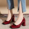 Celebrity small fragrant style burgundy small bow square head Mary Jane single shoes banquet sweet splicing thick heel wedding shoes women