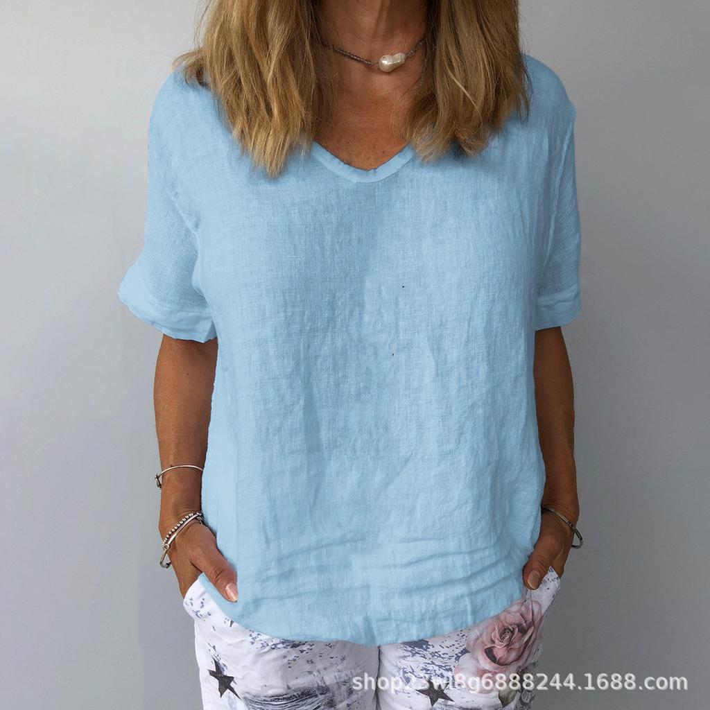Women's Fashion Short Sleeve Cotton Linen Loose Casual Solid Color Top
