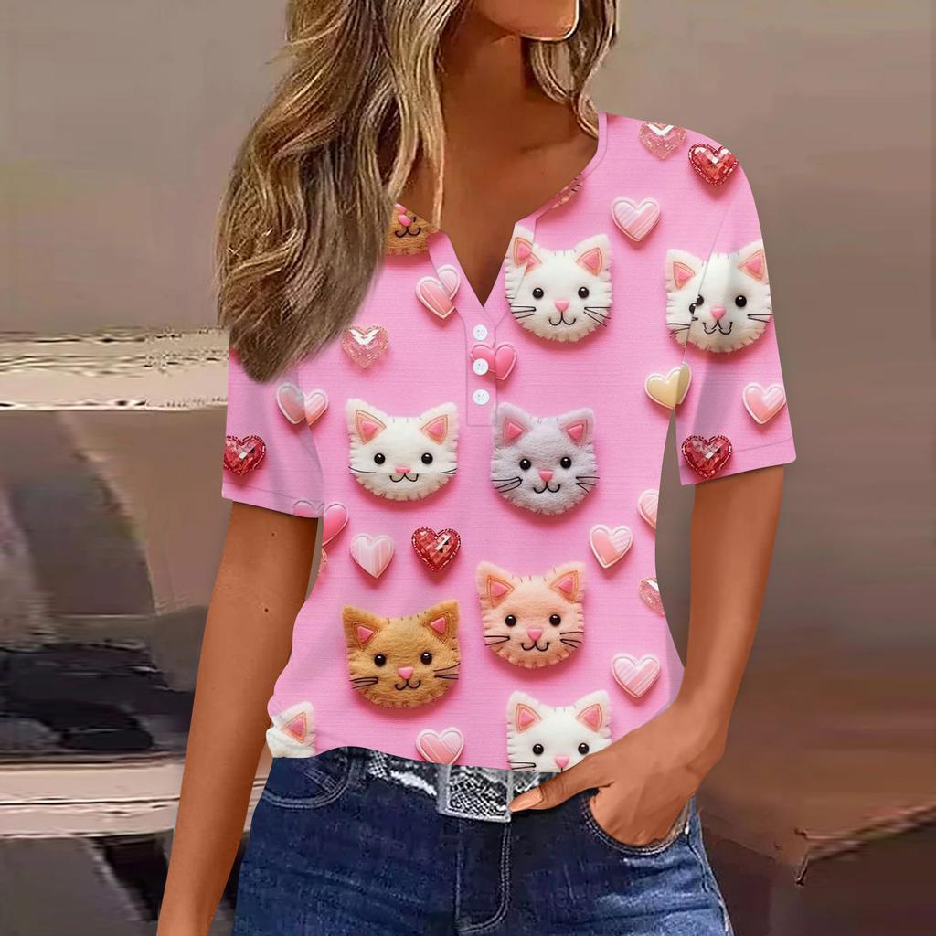 Women's T Shirt Tee Print Button Short Sleeve Daily Weekend Fashion Basic V, Neck Regular Top Valentine's Day