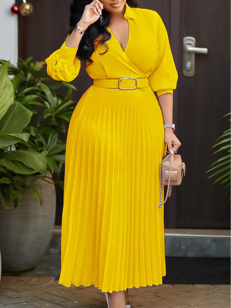 Women's 2026 Spring V-Neck Solid Color Long Sleeve Pleated Dress
