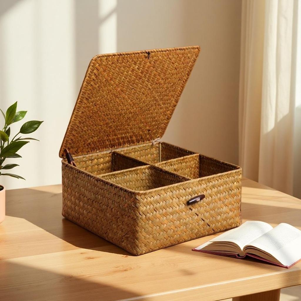 Seagrass Woven Cattail Desktop Storage Box with Lid - 4-Compartment Organizer for Cosmetics, Tea, Coffee Table, or Mooncakes