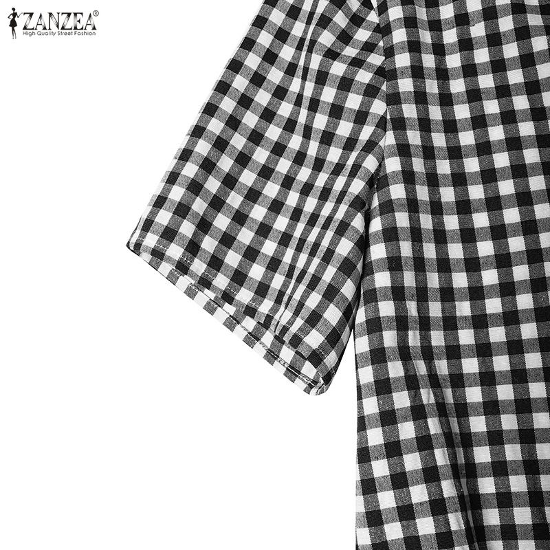 ZANZEA Women Grid Print Casual Round Neck Short Sleeve Dress