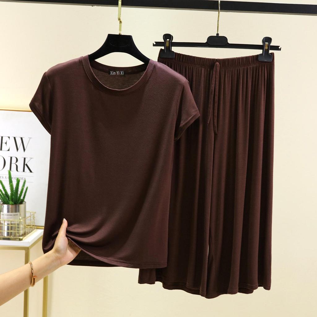 Women's Plus Size Modal Short Sleeve Casual Set - Korean Style Wide Leg Pants Two-Piece Homewear