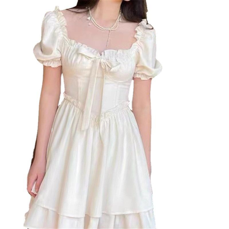 Šaty Letní Čtvercový Výstřih, Bufované Rukávy, Pas, Tenké, Sladká Jednobarevná Krátká Sukně