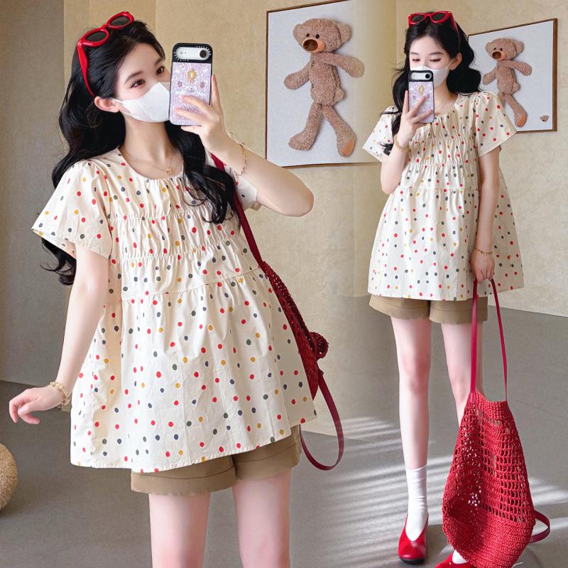 Korean Style 2026 Maternity Flutter Sleeve Polka Dot Top & Belly Support Shorts Set 2XL