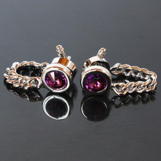 Cufflinks Amethyst and Swarovski Cufflinks with Chain [Kamakura Workshop]