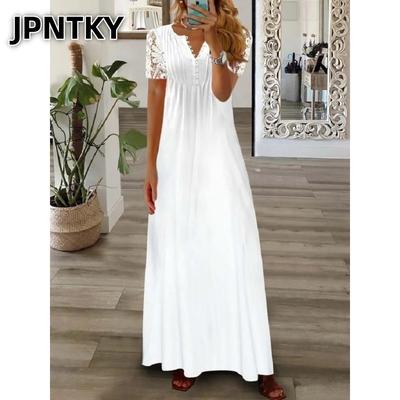 JPNTKY Dámské Módní Letní Jarní Krátký Rukáv Výstřih do V Ležérní Šaty