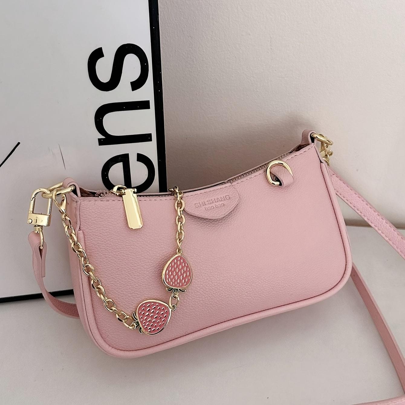 Stylish, classic, and versatile baguette bag; strawberry-patterned metal chain underarm bag; elegant handbag.