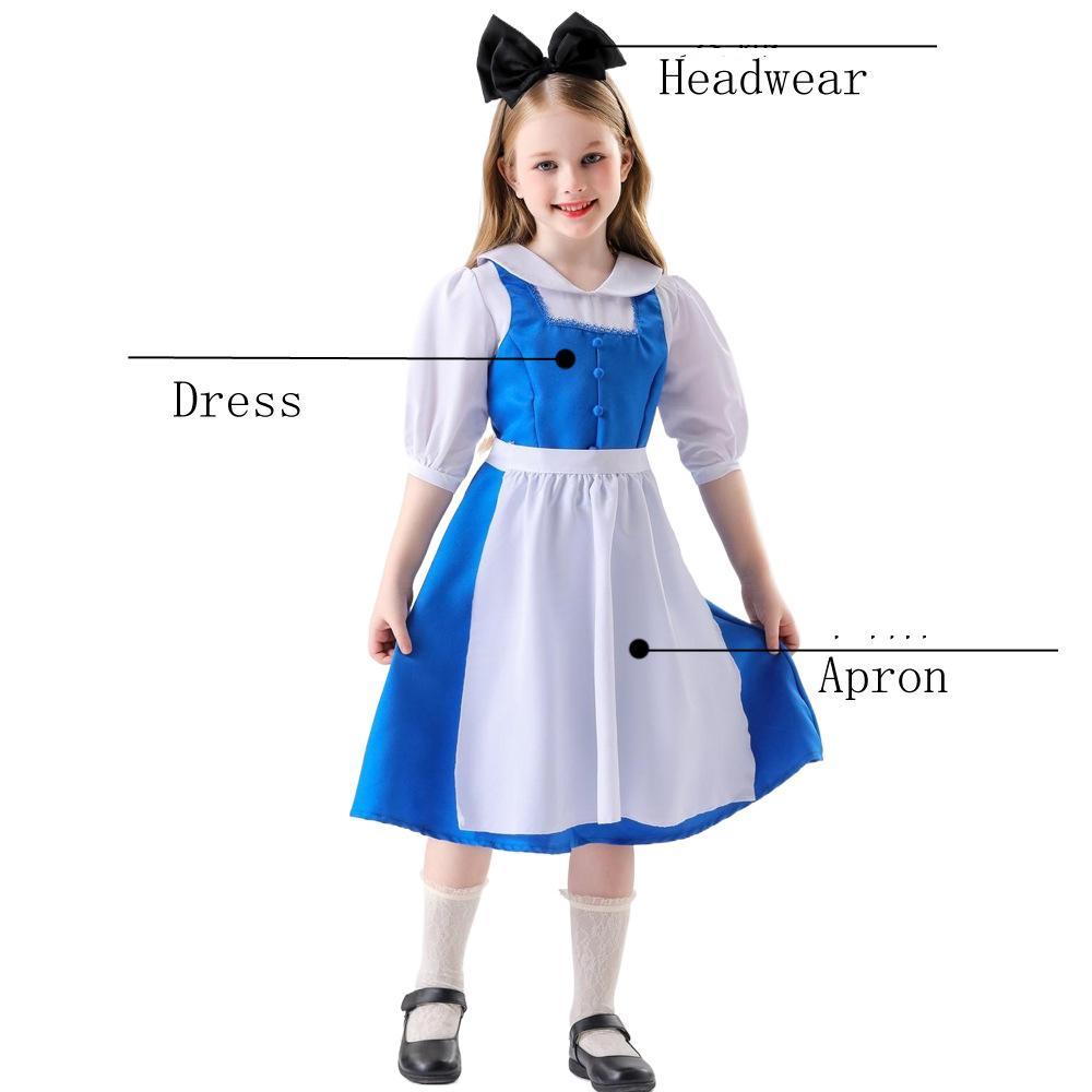 Lolita Cute Girl Cosplay Maid Blue Dress Headwear Outfis Fancy Masquerade Costume Halloween Carnival Festival Party