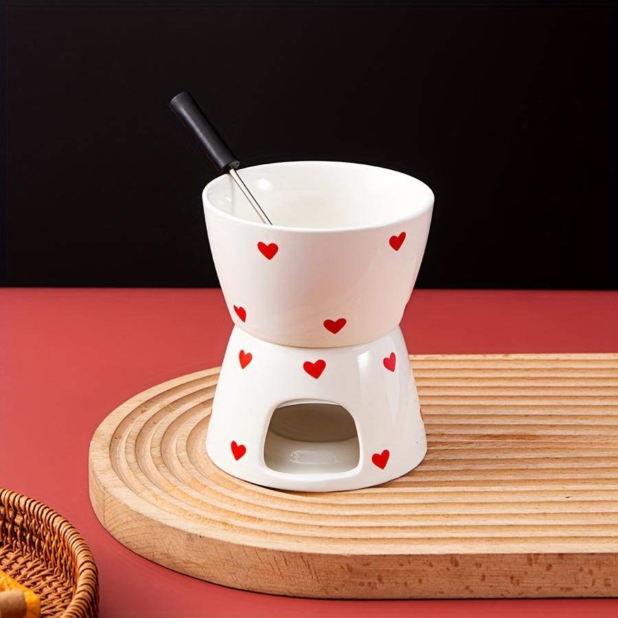 Print Heart Ceramic Fondue With 2 Forks Set Cute Butter Warmer Set Melting Pot Set For Chocolate Cheese Candy Party Supplies