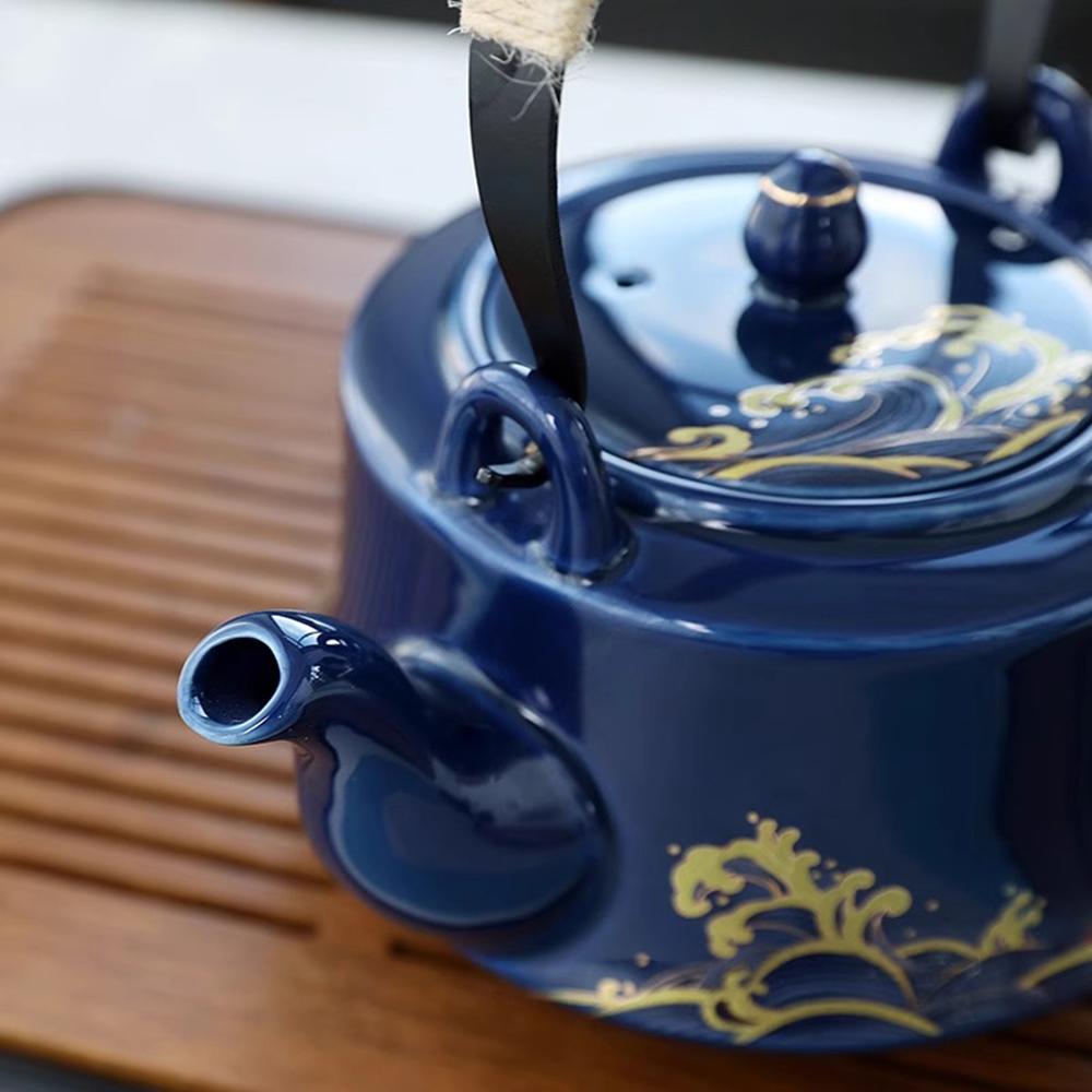 Blue Ceramic Teapot, Large capacity cooling water kettle, Brewing tea pot with tea strainer, Restaurant handle style tea kettle