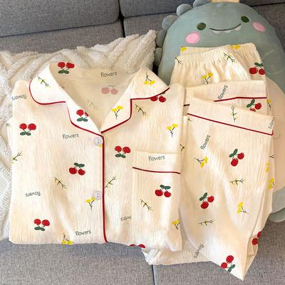 Cute Little Cherry Wrinkled Cloth Pajamas Women'S Spring Pastoral Long-Sleeved Cardigan Loungewear Two-Piece Set