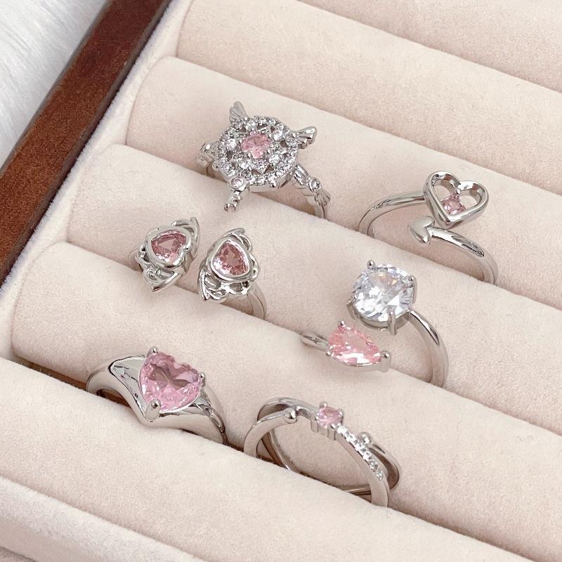 Pink Sweet Girl Love Zir*****Pen Ring Niche Design Simple Fashion Light Luxury High-End Accessories Women