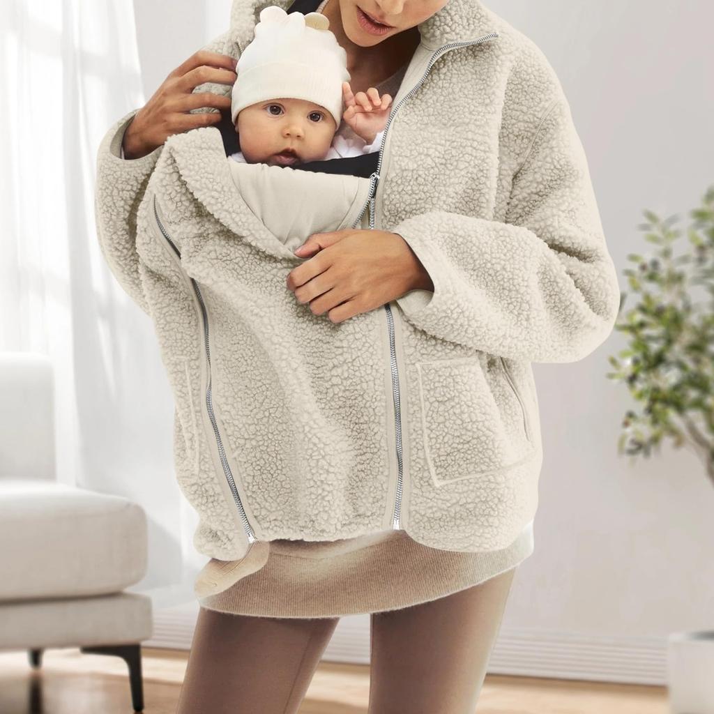 Women's Fashionable Oversized Matching Family Set: Kangaroo- Mother-and-Child One-Piece Solid-Color Shearling Coat