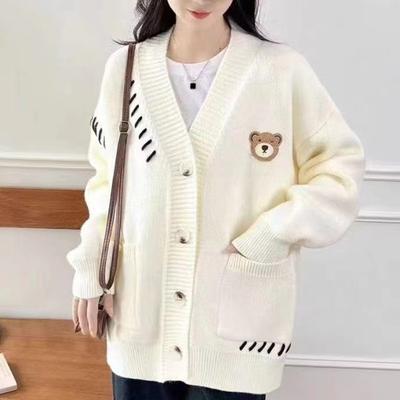 Cute Bear Sweater Cardigan Women's New Coat Spring and Autumn Loose Lazy Wind Knitted Top