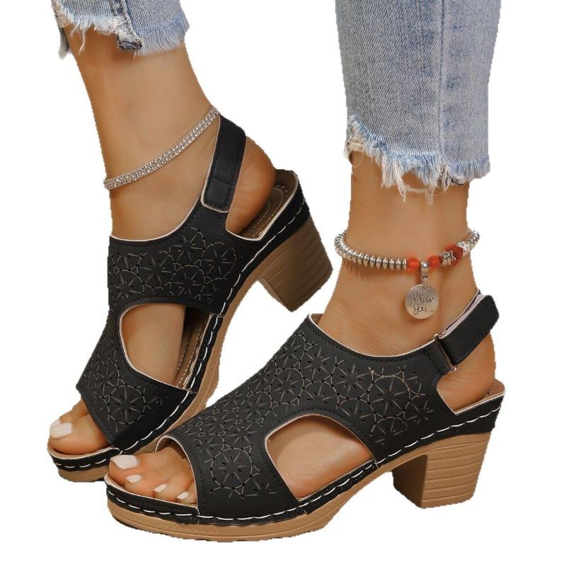 High-heeled Sandals Women's Large-size Cool Slippers Thick-soled Fish Mouth Sandals Women's Hollow Buckle Fashion Sandals Women