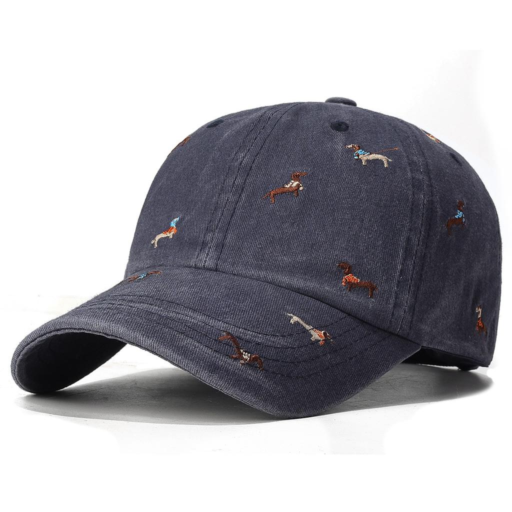 Washed Baseball Cap with Dog Embroidery Vintage Streetwear Hat