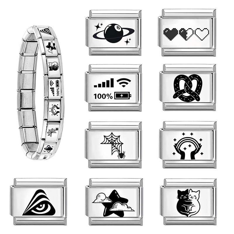Fashion Cheese Painting Plate Lovely Cat Ball Heart Eyes Laser Engraving Charm Links Fit 9mm Stainless Steel Bracelet DIY Making