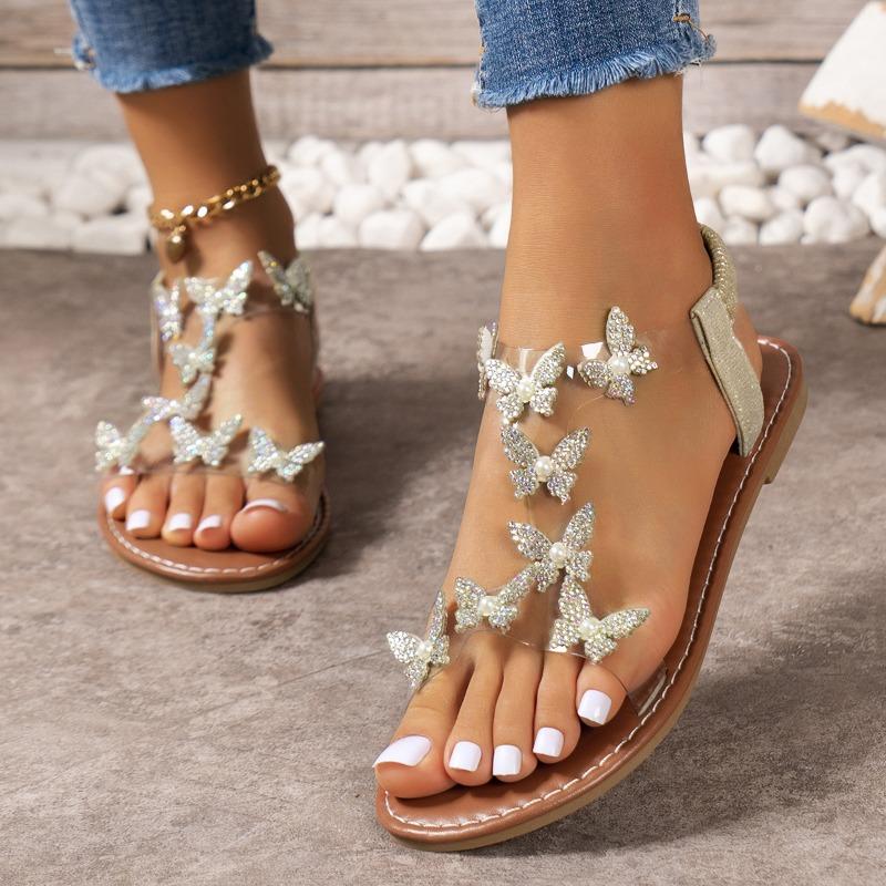 36-43 Size New Butterfly Rhinestone Flat Sandals with Soft Sole and Beach Heel Sandals
