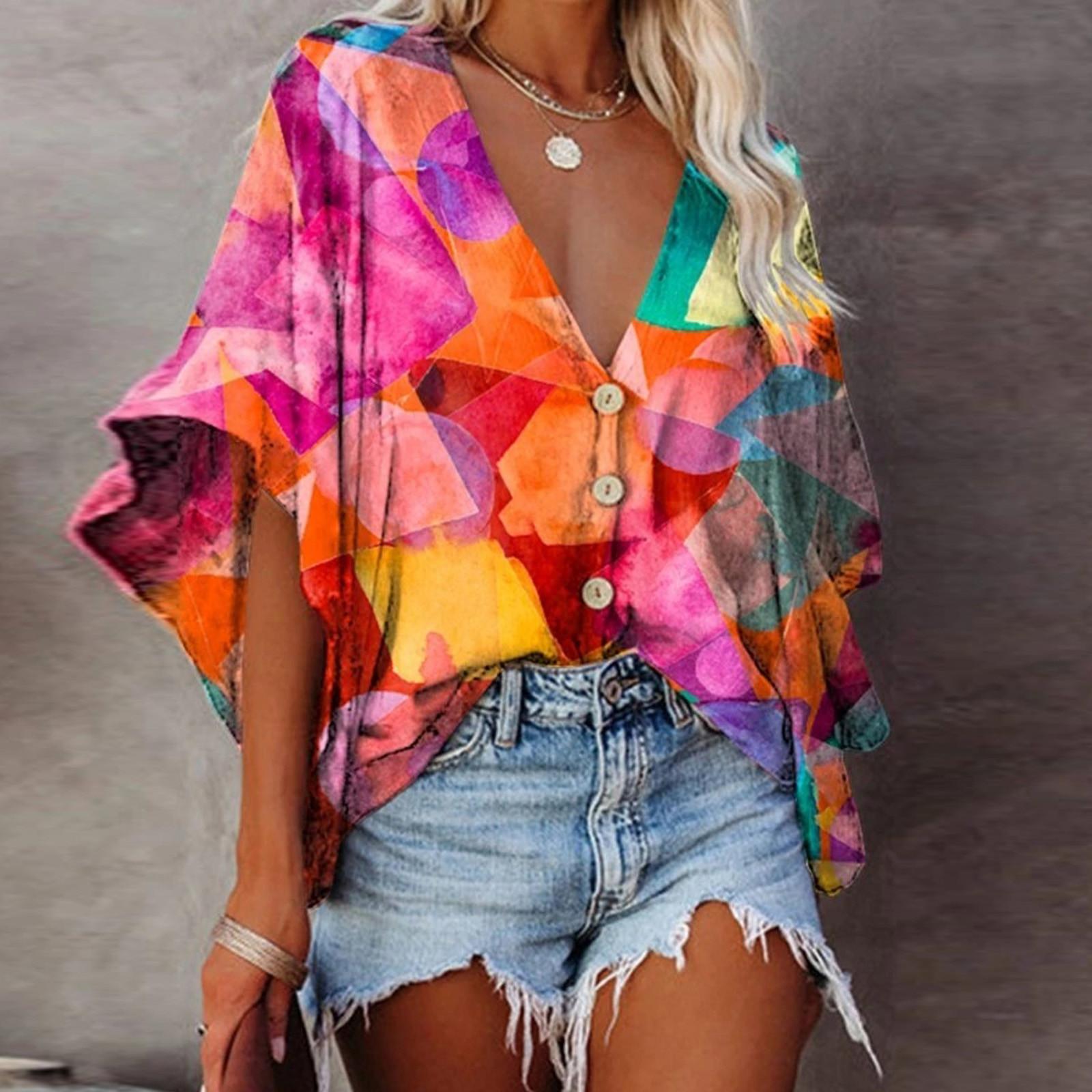 

Женская повседневная рубашка с v-образным вырезом и цифровой печатью, блузка с рукавами, свободные топы M оранжевый