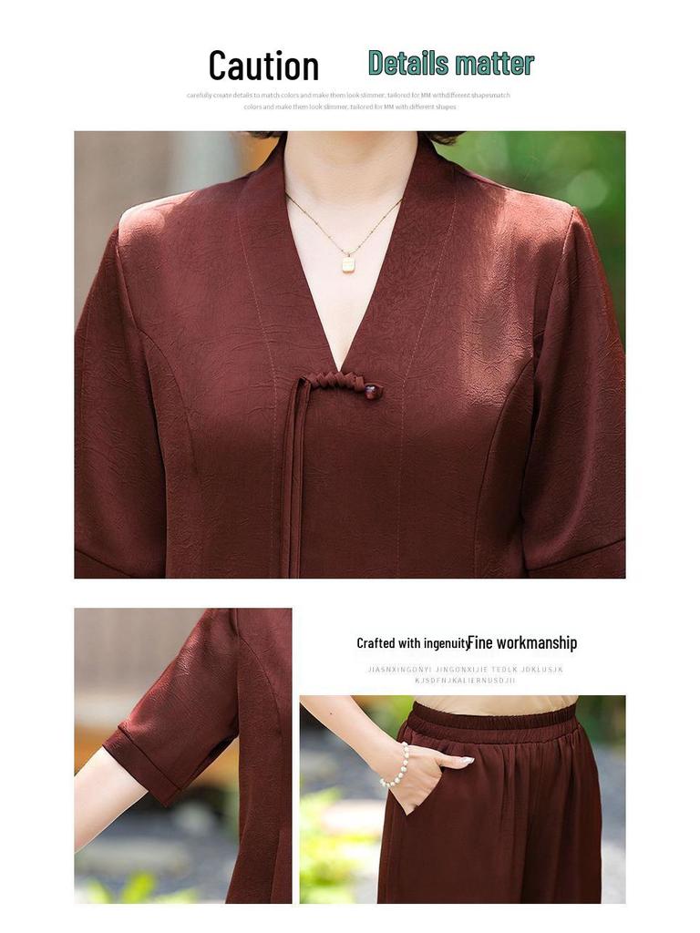 Mamas Sommer-Eis-Seiden-Zweiteiler: Damen-Oberteil und Hosen-Set für mittleres und höheres Alter