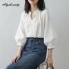French Style Spring Summer Women Blouse V Neck Casual Loose Shirt Lantern Half Sleeve Basic Office Lady Blouse
