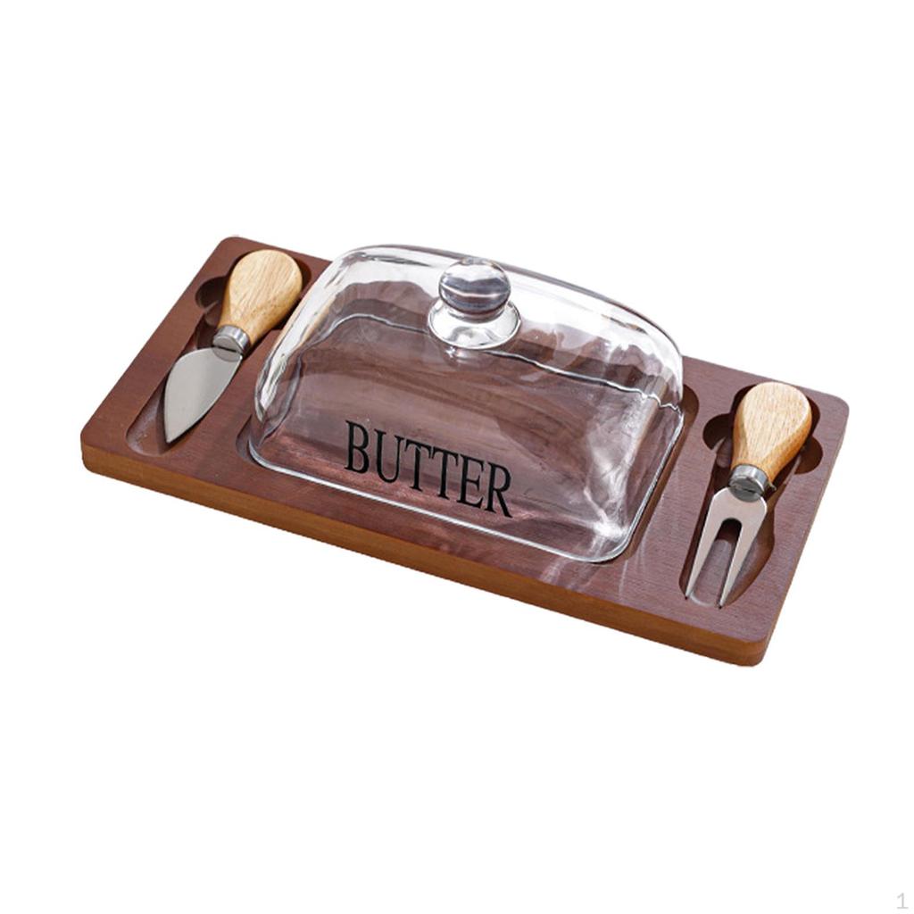 Butter Storage Box with Clear Lid Tray Dish for Refrigerator Rectangle Wood