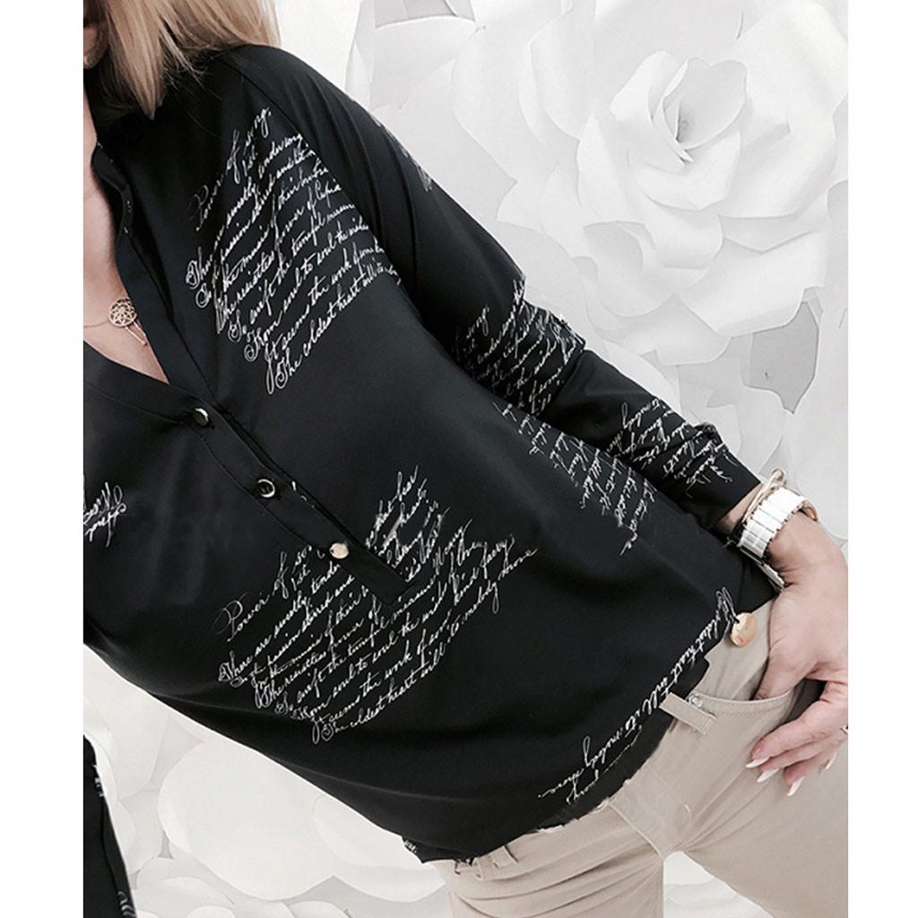 Women V Neck Letters Printing Button Long Sleeve T-Shirt Tops Blouse