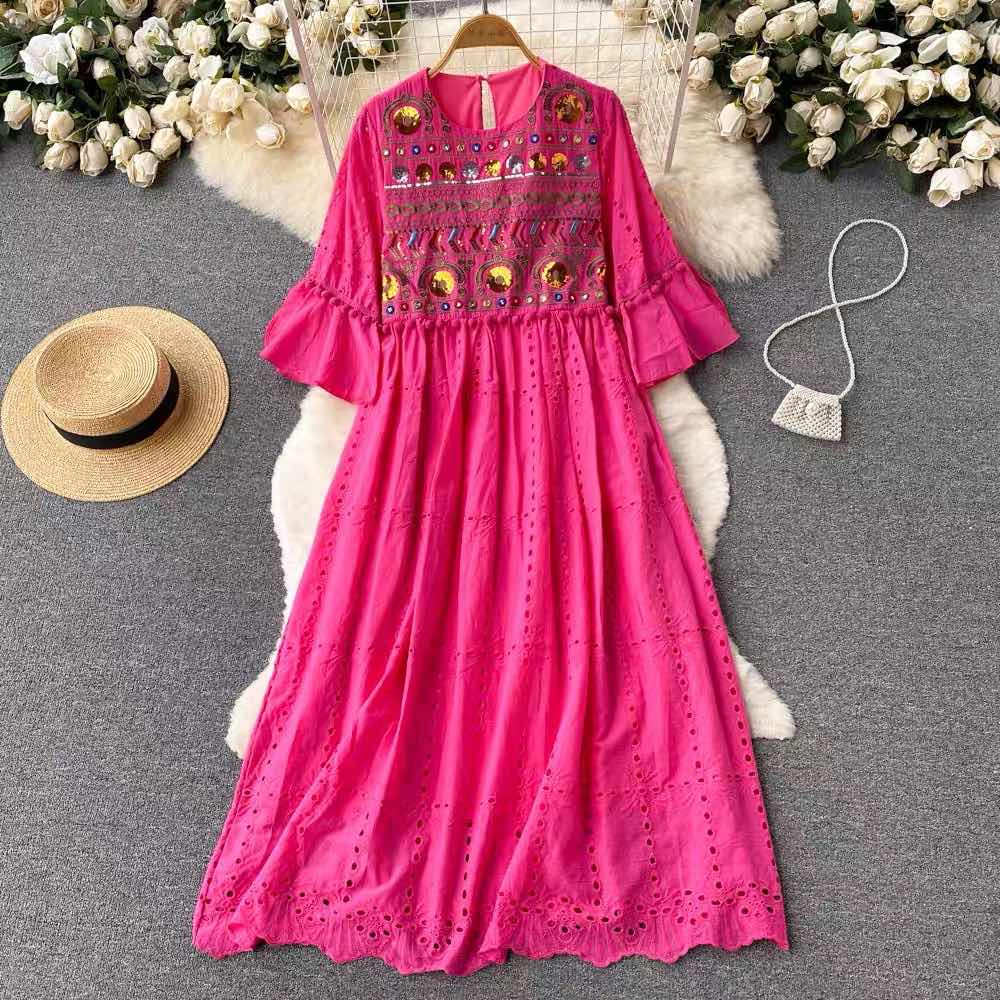 RUGOD French Retro Ethnic Embroidered Round Neck Flared Sleeve Dress Women's Loose Temperament All-match A-line Long Dress