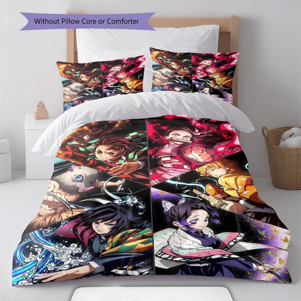 Demon Slayer Nezuko Kamado Smiling Face Anime Bedding Set Duvet Cover Polyester Soft Bed Linen Set -QJY
