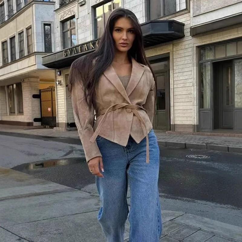 Womens Fall Faux Suede Jacket - Slim Fit Lace-Up Waist V-Neck Street Style