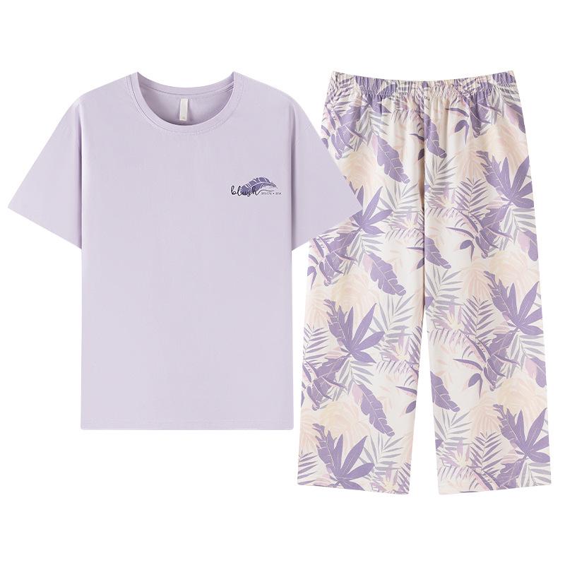 Women's Summer Pajama Set: Thin Modal Cotton Silk, Short Sleeve, Seven-Point Pants, Casual Wear.