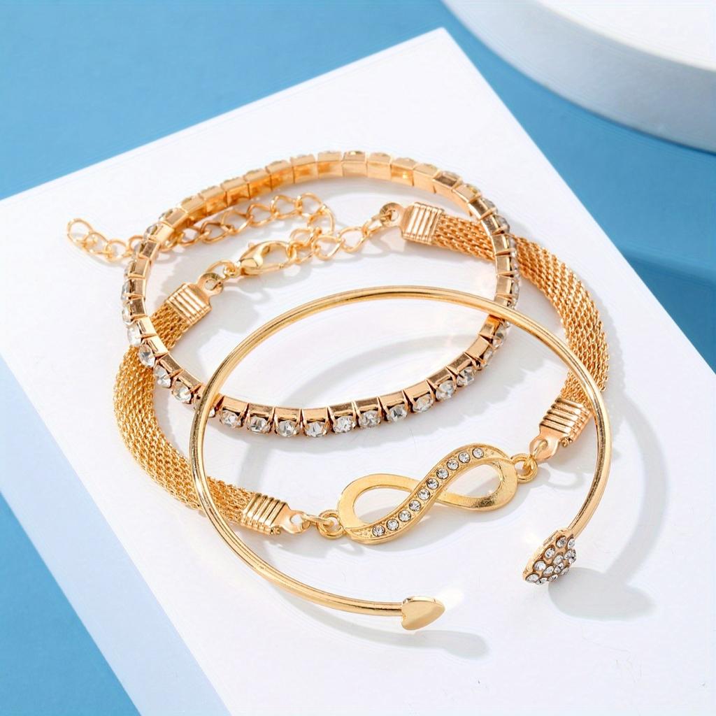 3 pcs Ladies' Bracelet Set Stylish and elegant rhinestone infinity symbol tennis chain clasp bracelet set An ideal gift for your best friend