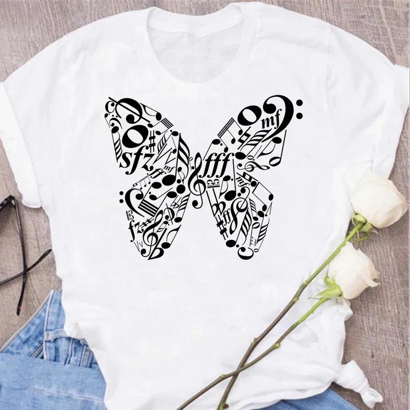 Damen T-Shirt Musik Oberteile Kurzarm Schwarz T-Shirt Damen Lässig Neu Harajuku Lustig Musiknote Kunst T-Shirt Mode