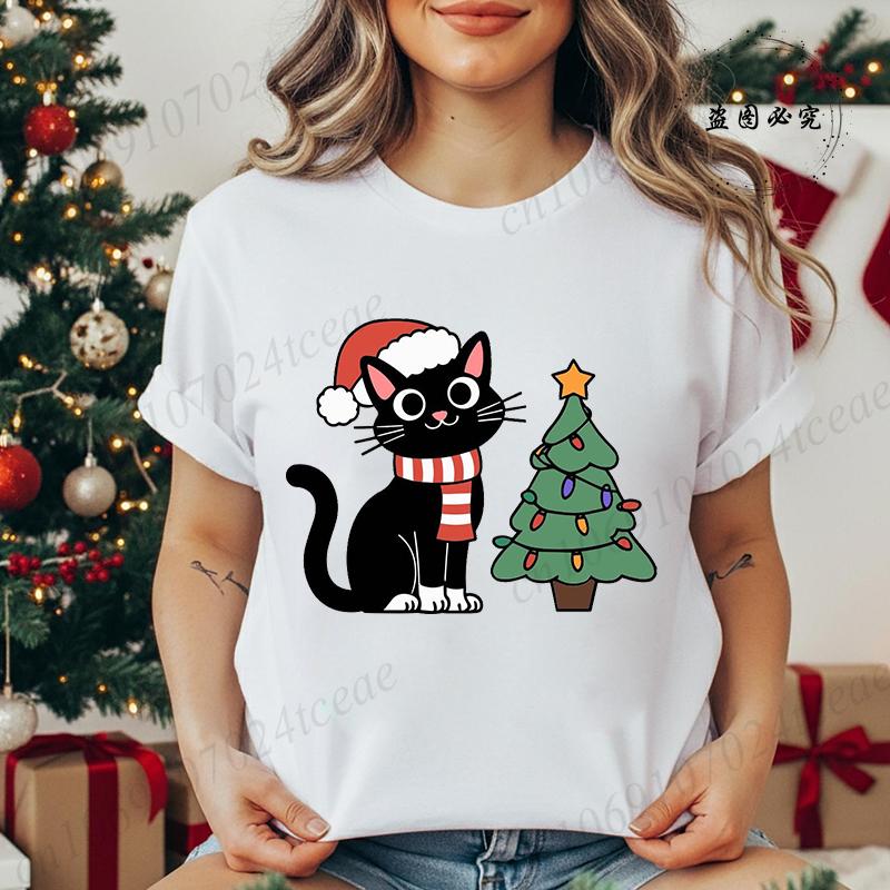 Kitten Xmas Tree Unisexs Casual TShirt Black Cat Christmas Graphic Print TShirts Tops Meowy Xmas Lights Novelty TShirt Tops