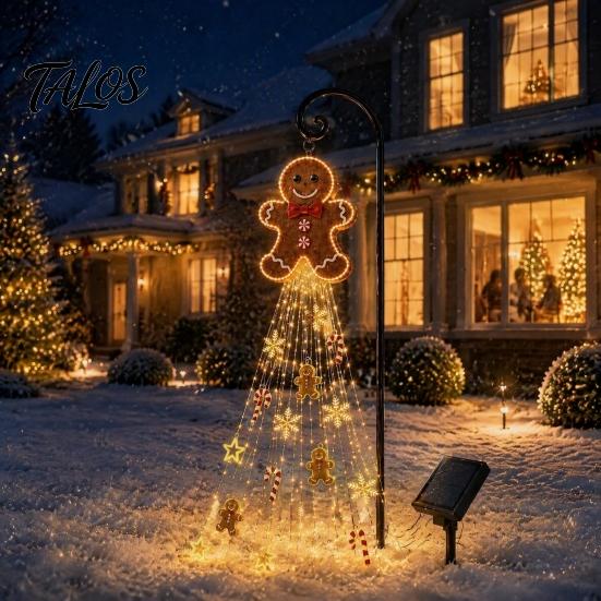 Outdoor Gingerbread Man Lights Solar Garden Light, Waterproof Yard Light with Warm Christmas Stakes Waterfall LED, Pathway Stake Lamp for Lawn