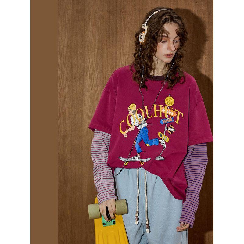 Coolhut2025 Autum Women's Fashionable Age-Reducing Slimming Round Neck Long-Sleeved Printed T-Shirt