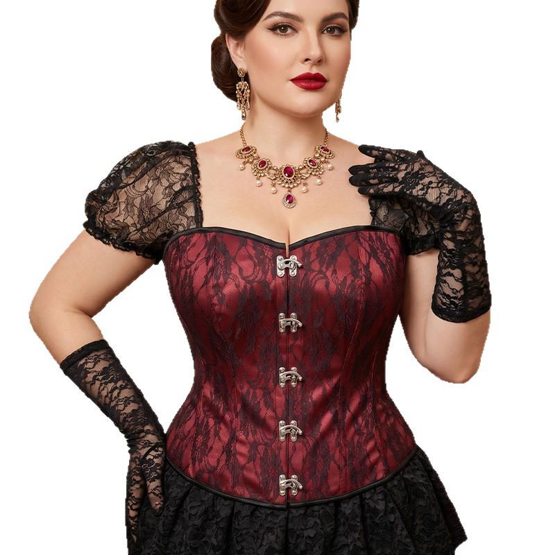 Wine Red Lace Plus Size Short Sleeve Corset Bodysuit - Retro Court Shapewear Waist Cincher.