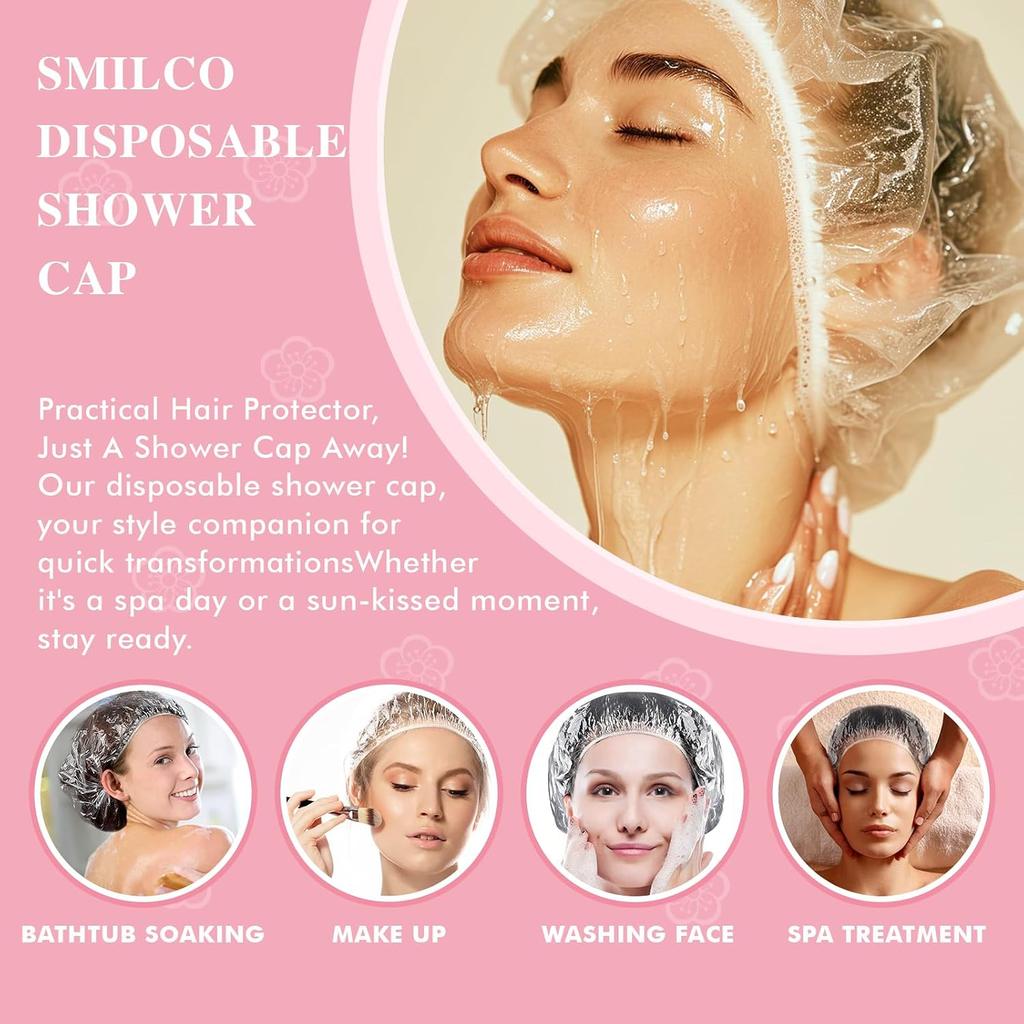 Shower Cap Disposable 18.1 Inch 50PCS, Plastic Shower Cap for Women Waterproof Bath Bathing Accessories, Home Travel Essentials