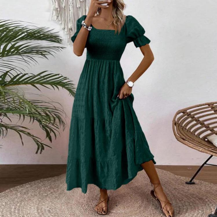 Women S Square Neck Puff Sleeve Maxi Dress Smocked Bodice Tiered Skirt with Pockets for Casual Wear