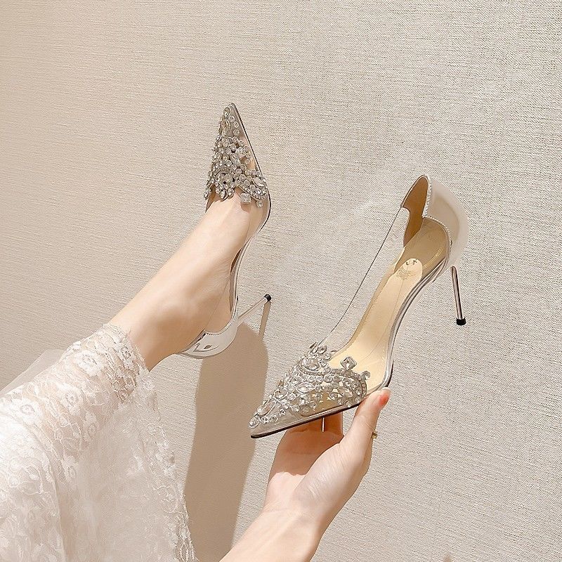 Rhinestone Pointed Toe High Heels Shoes for Women Transparent Woman Pumps Spring Young With Discount Elegant Wedding Bride Shoe