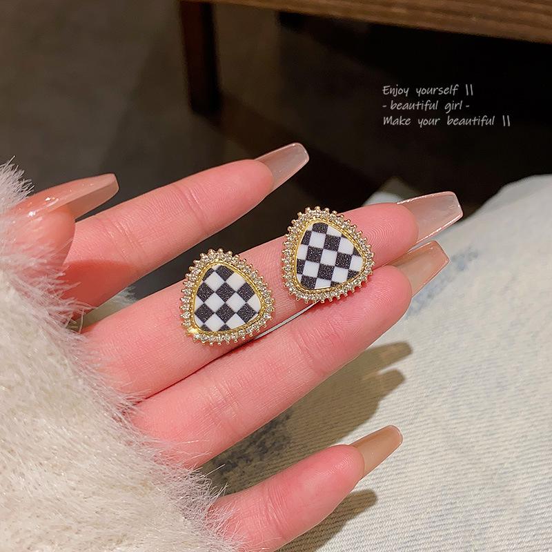 S925 Silver Geometric Houndstooth Earrings for Women - Luxury High-End Design with Diamond Studs