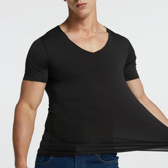 Men's Ice Silk T-Shirts Casual Short Sleeve Sports Tee Summer Breathable Moisture V-Neck Undershirt Top