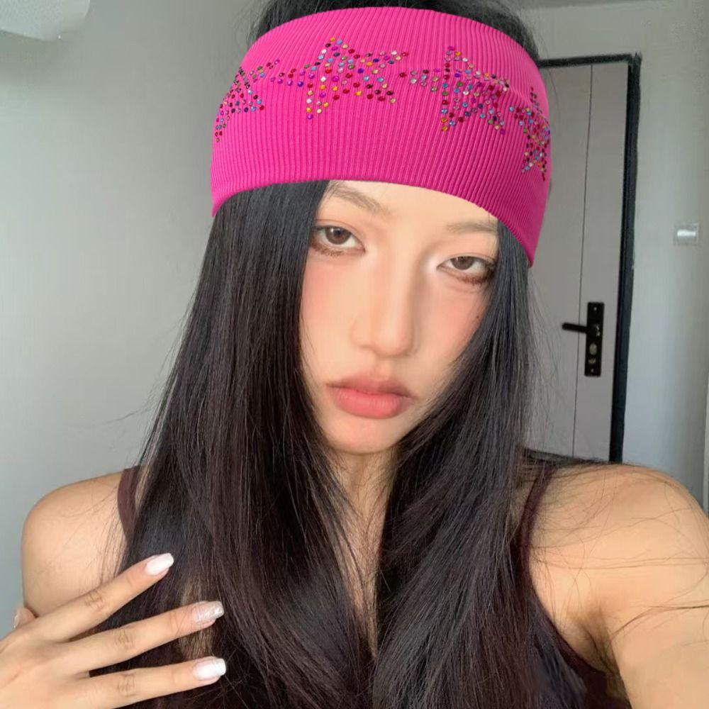 Sweat Absorbing Rhinestone Star Headband Soft Sports Hairband Elastic Headband  Women
