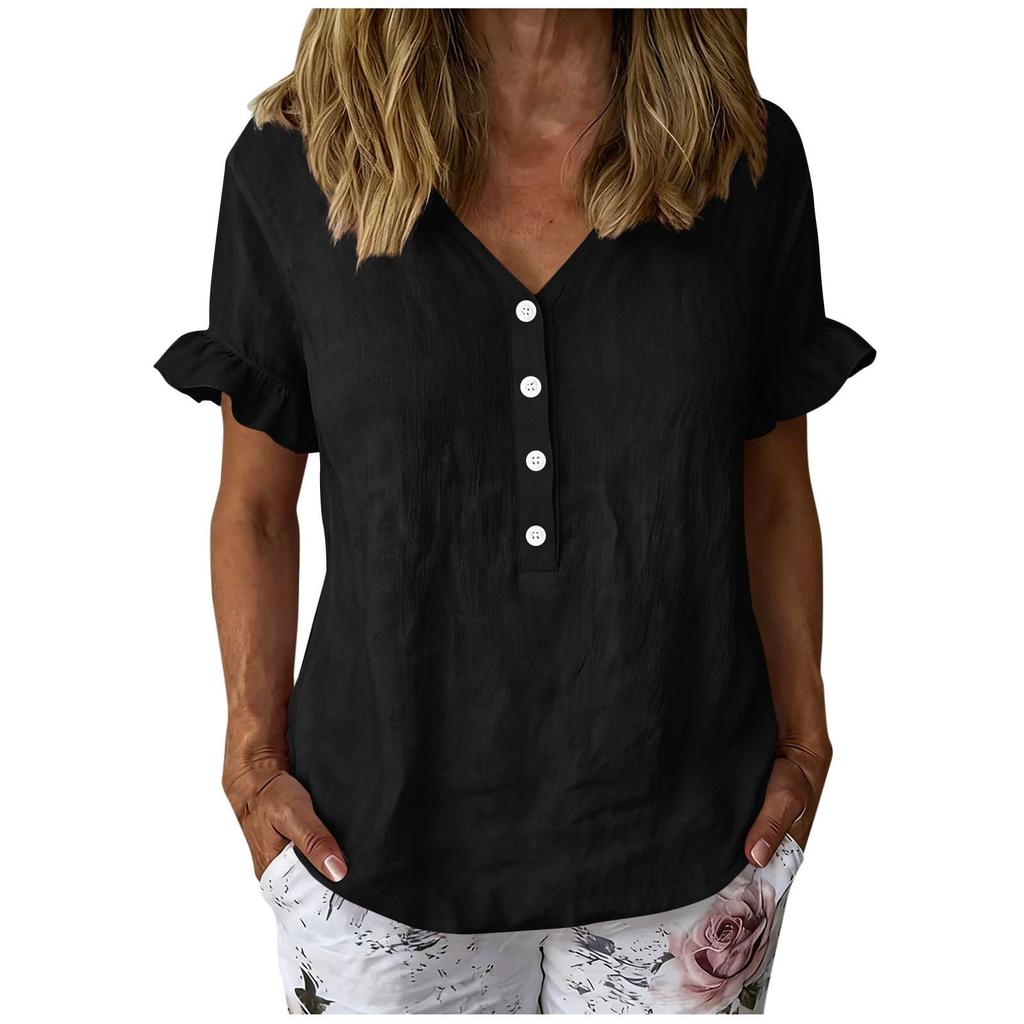 Women’s Casual Button Front Ruffle Sleeve Shirt Loose Fit Cotton Linen Blouse Relaxed Fit V Neck Top for Daily Wear