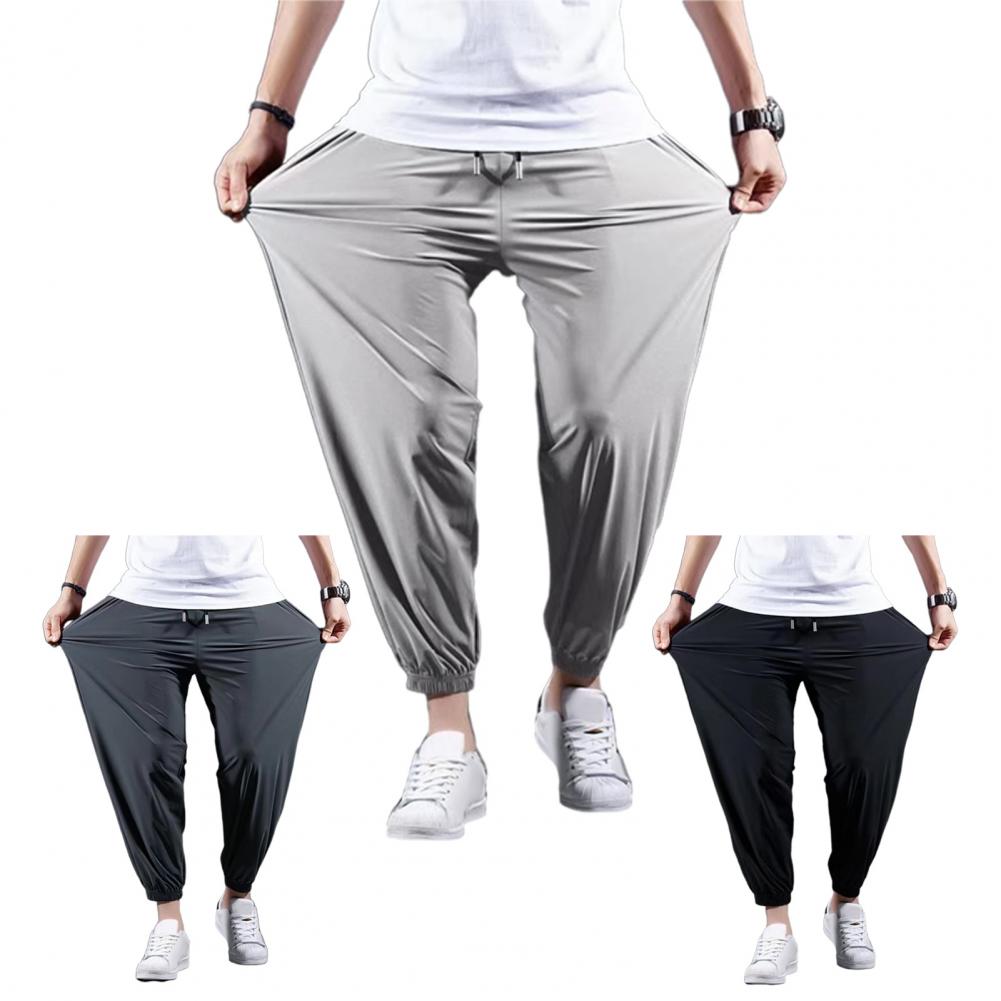 Men Sport Pants Ice Silk Relaxed Fit Ankle-banded Pockets Drawstring Elastic Waist Soft Breathable One Tone Gym Traning Jogging Swe