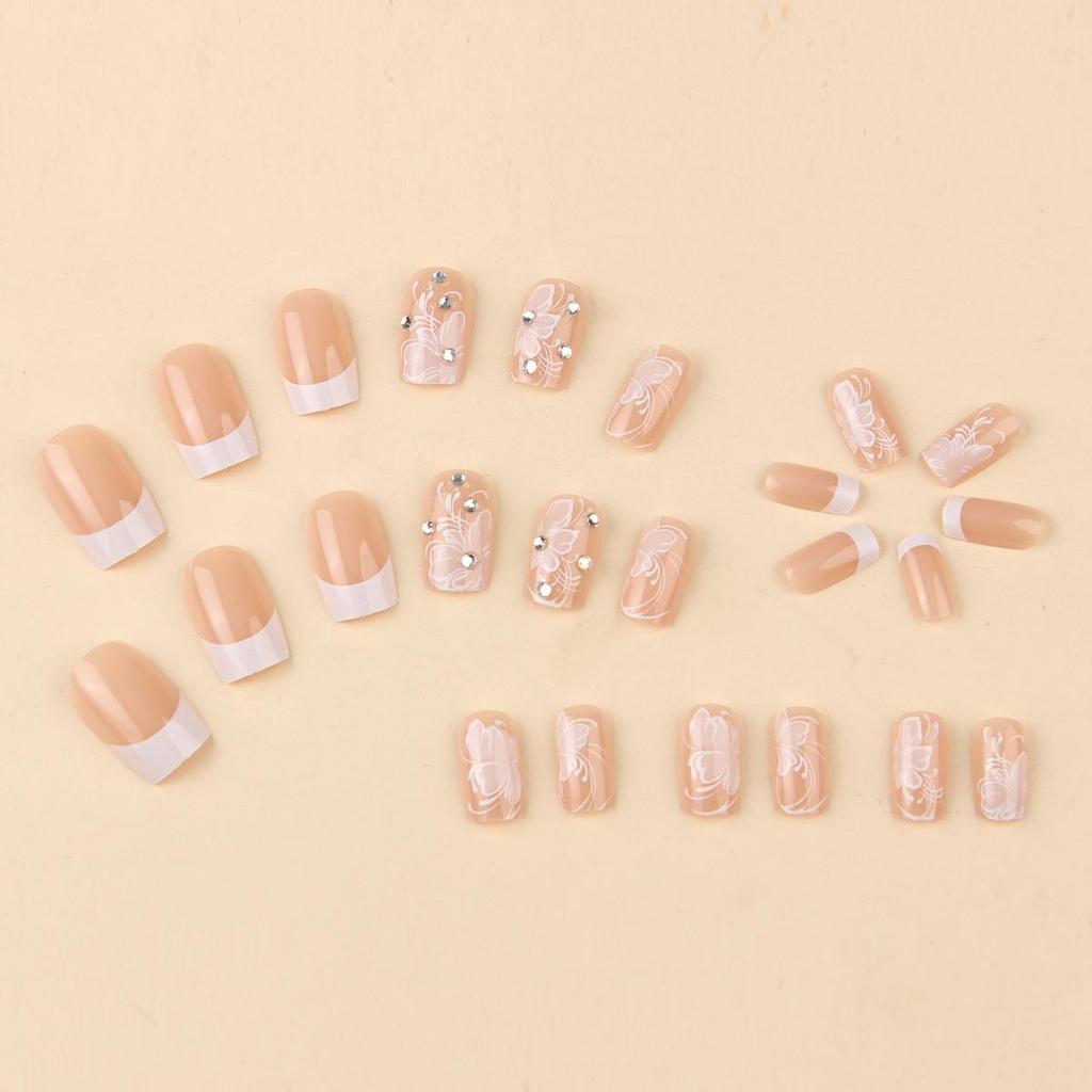 24-Piece Minimalist White French Flower Glitter Press-On Nails with 3D Rhinestones