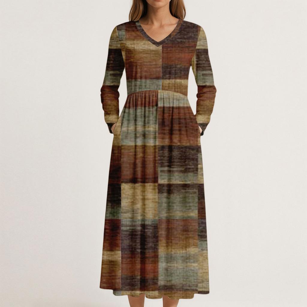 Dress For Women Long Boho Beach Dress Elegant Maxi Dress V-Neck Long Sleeve Dress With Pockets