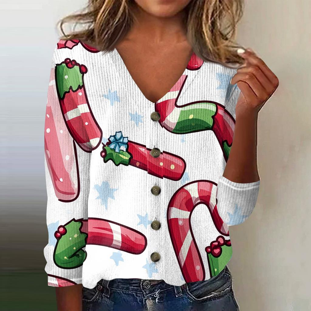 Damen Mode Print Langarm Strickjacke mit Knopfleiste